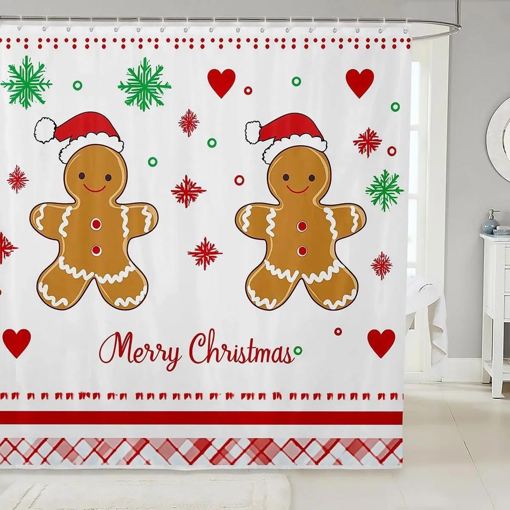 GAEChristmas Happy Santa Claus Shower Curtain Red Xmas Decorations Fabric Shower Curtain,White Snowflake Bathroom Shower Curta