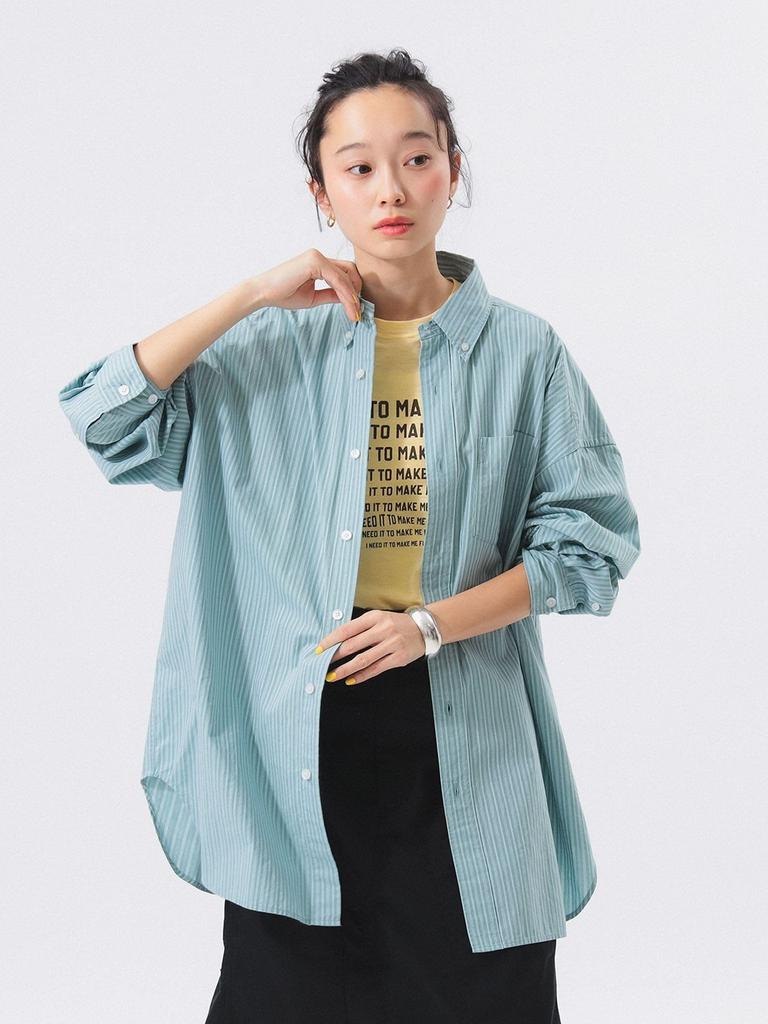 Beams Boy Dobby Stripe Free 13110453452 Women's Large/Small Button-Down Shirt, Green, Size,