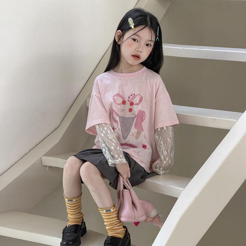 Girls Sweet Korean Style Fake Two Piece Lace Patchwork Short Sleeve T Shirt