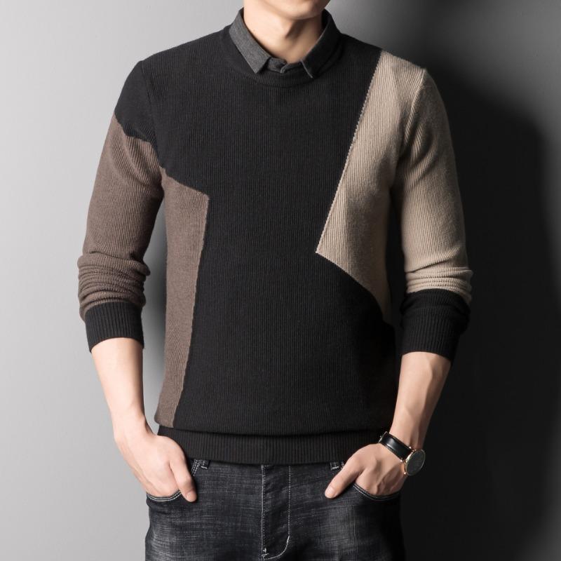 Herren-Pullover, Herbst und Winter, neuer lockerer, lässiger Trend, Farbblockierung, Rundhals-Oberteile, vielseitige, faule Strickwaren für Herren