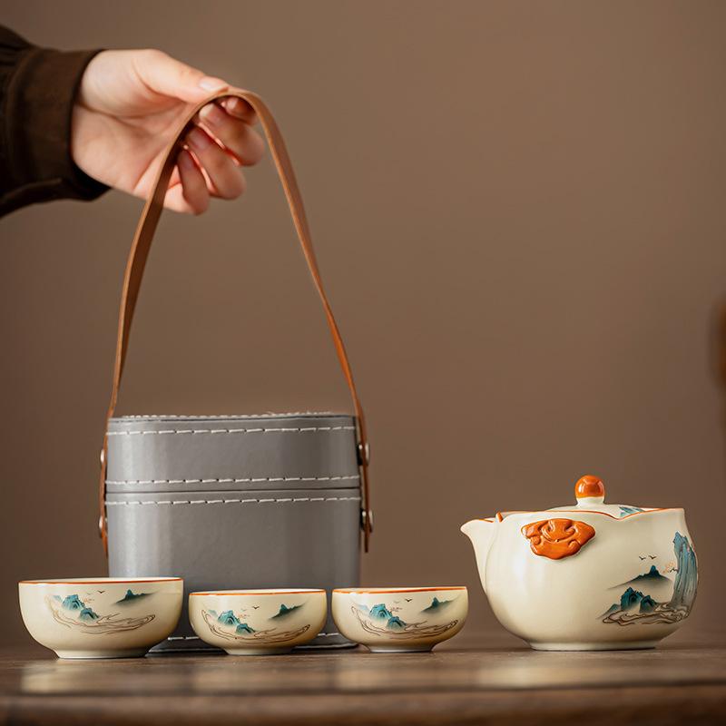Guochao Splendid Mountains and Rivers Ru Kiln Binaural Teapot Ceramic Hand Grab Pot Light Luxury Portable Camping Small Set Kung Fu Tea Set