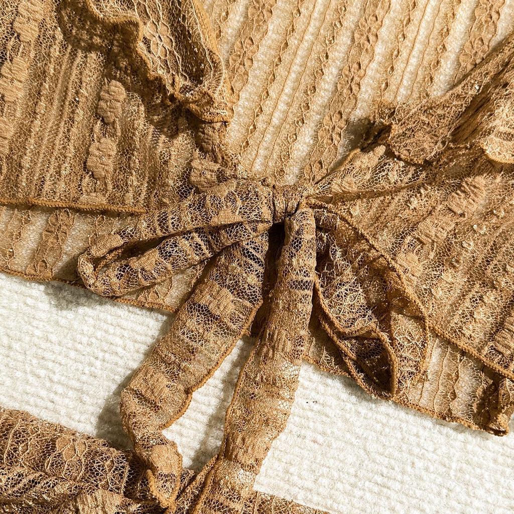 New Sexy Lace Puff Sleeves Four Pieces Bikini Sets Swimsuit For Women Long Sleeves Swimwear Female Bathing Suits Beachwear