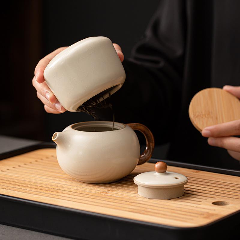 Beige Ru Kiln High-grade Western Ship Pot Kung Fu Tea Set Single Teapot Tea Breaker with Filter Large Household Ceramic Retro