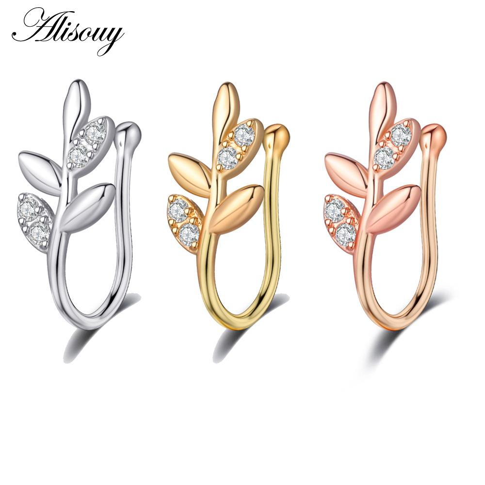 Alisouy 1pc Zirconia Fake Piercing Clip Nose Ring Body Jewelry for Women Ear Cuffs Heart Cross Star Leaf Flowers Clip Nose Rings