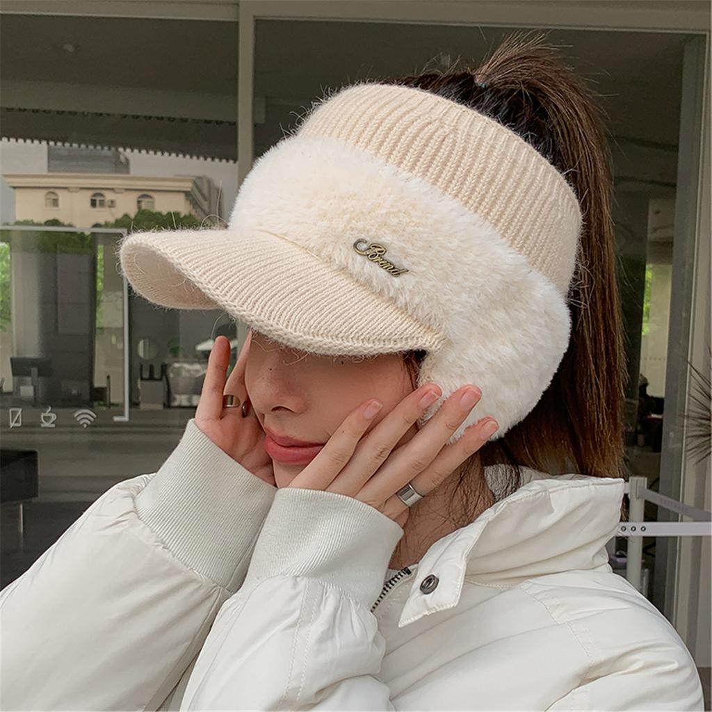 Novelty Furry Knitted Baseball Cap with Earflaps Women Influencers Same Slouchy Warm Ear Protections Empty Top Hat