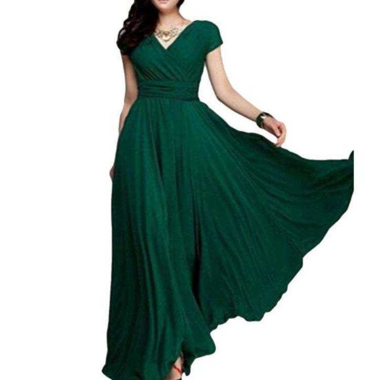 Sukienka Maxi Plus Size dla Kobiet Dekolt V Krótki Rękaw Dopasowana Suknia Wieczorowa Jednolity Kolor