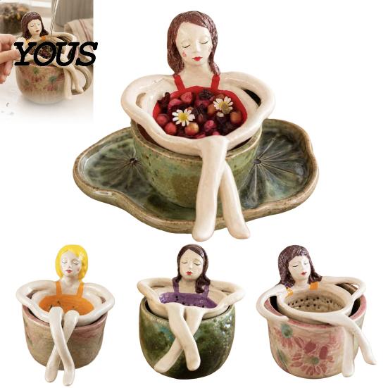 Unique Tea Steeper for Loose Bathing Girl Infuser Leaf Tea, Fine Mesh Strainer, Creative Resin Compact Office Sitting Figure Filter Cups and