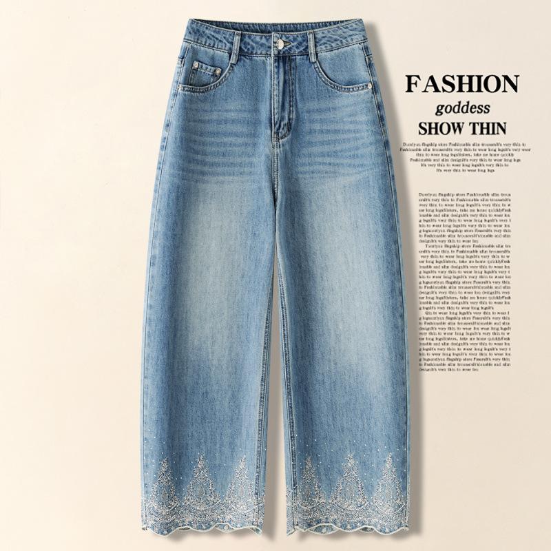 Lace embroidery hot diamond design wide-leg jeans women's summer thin national style retro nine-point scimitar pants