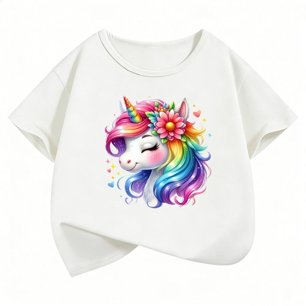 Fashion Horse with Rainbow Design T-Shirt Printed T Shirt Girls' Summer Clothes Short Sleeve Tops T-Shirts Cute Girls Clothing
