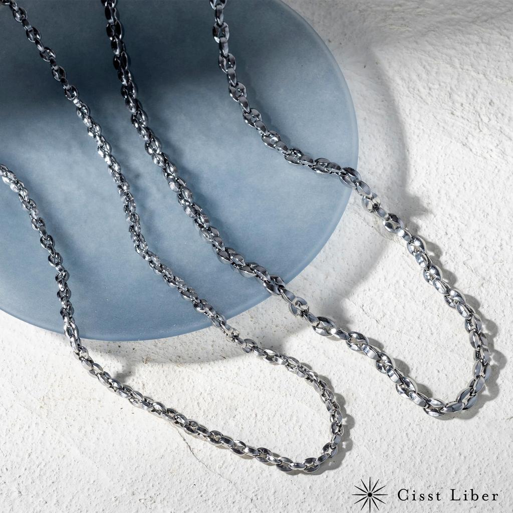 [Cisst Liber] Men's Stainless Steel Necklace, Simple Design, Azuki Chain with Coffee Bean Design, Thick Oval Shape, Silver, 5mm, 60cm, Gift, Present