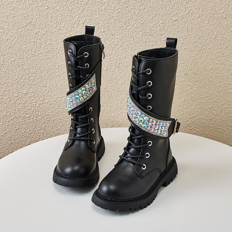 2024 New Girls High Boots Casual Sequined Korean Style Side Zipper Black Beige Princess Shoes Children Boots for Catwalk Elegant