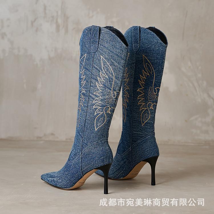 Designer ethnic style embroidered high knight boots leather thin V-mouth western cowboy boots pointed stiletto boots