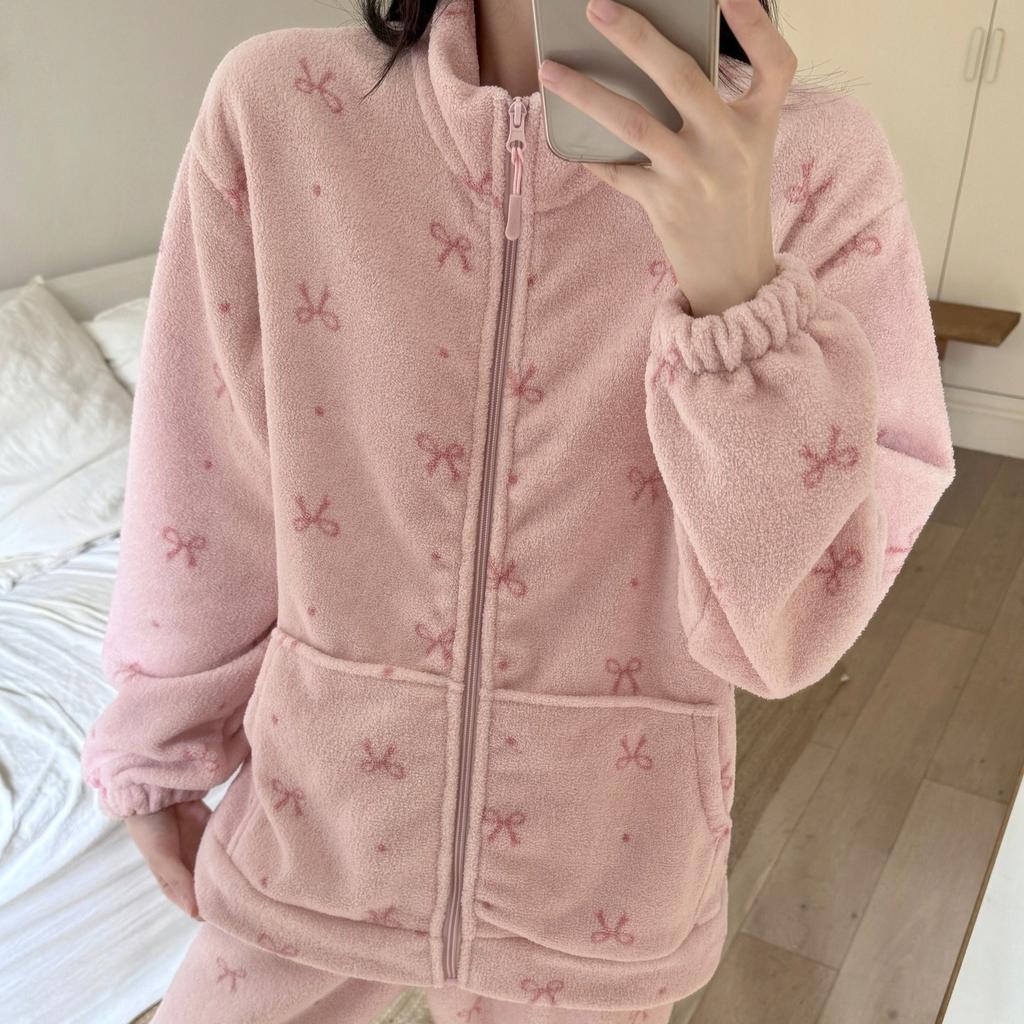 Winter Pajamas Women's Cute Plush Thick Zipper Warm Home Clothes Set