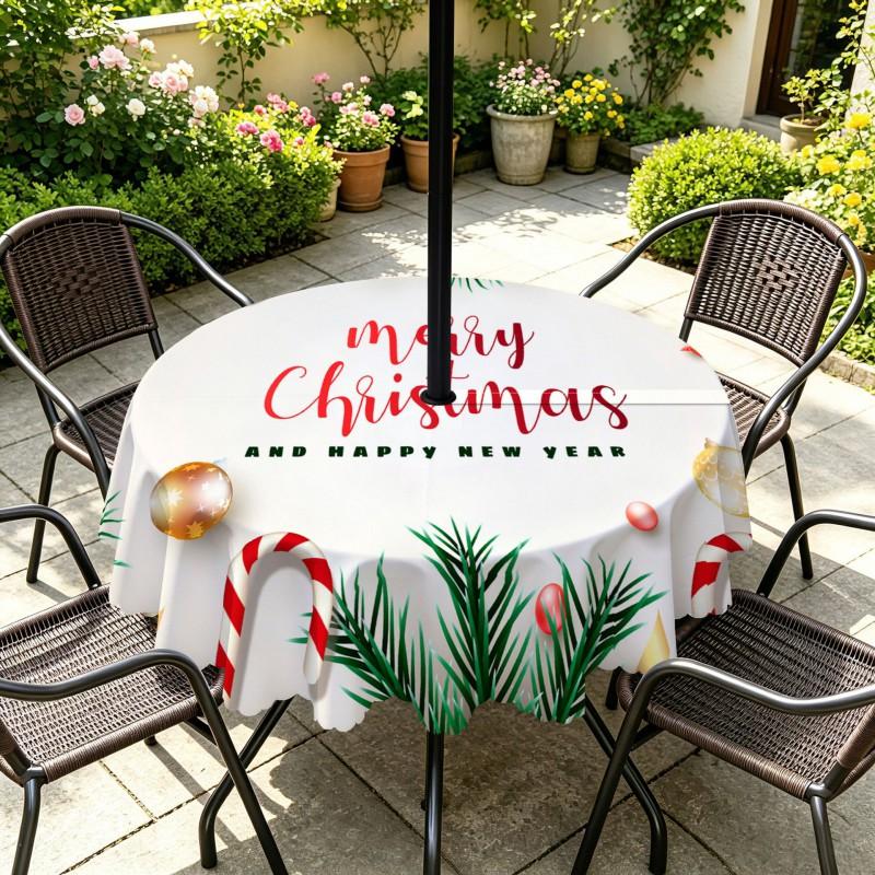 Outdoor Christmas Tablecloth Round Waterproof Oil-Resistant Patio Table Cover Garden Deck Umbrella Hole