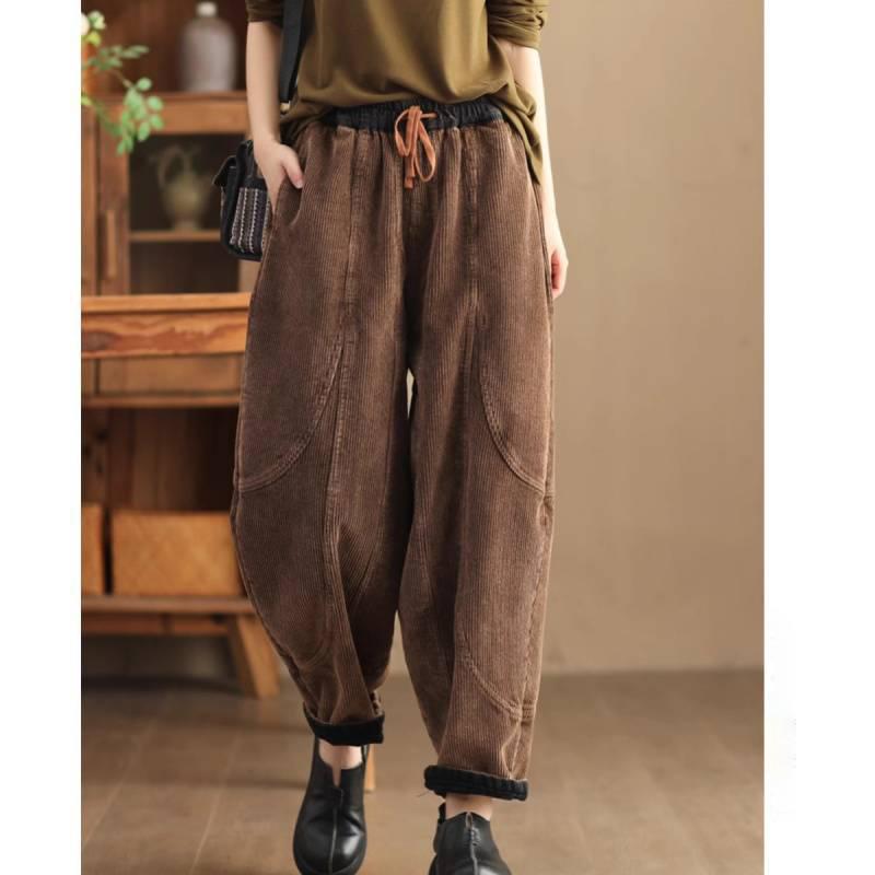 Autumn Spring Winter Women's Thickened Fleece Casual Pants Harlan Retro Corduroy Loose Slimming Artistic Casual Warm Trousers