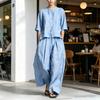 Set Estivi in Cotone e Lino da Donna a 2 Pezzi, Top con Bottoni a Manica Corta e Pantaloni a Gamba Larga, Completi Casual da Casa con Tasche