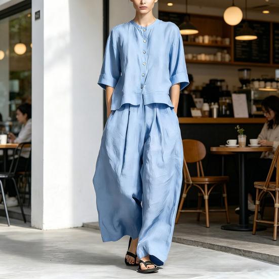 Set Estivi in Cotone e Lino da Donna a 2 Pezzi, Top con Bottoni a Manica Corta e Pantaloni a Gamba Larga, Completi Casual da Casa con Tasche
