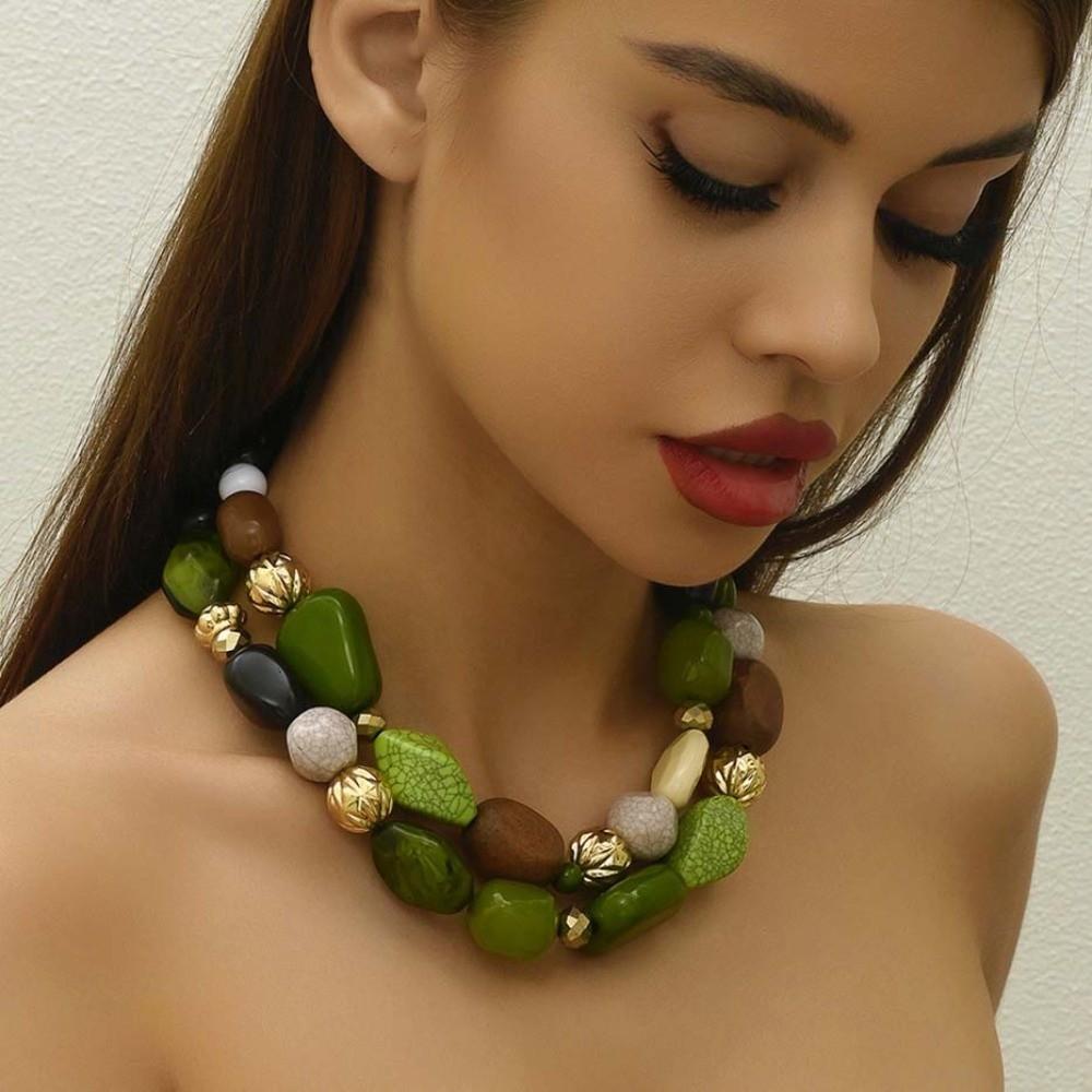 Double-row Green Tone Choker Geometric-shaped Boho Statement Collar Trendsetters