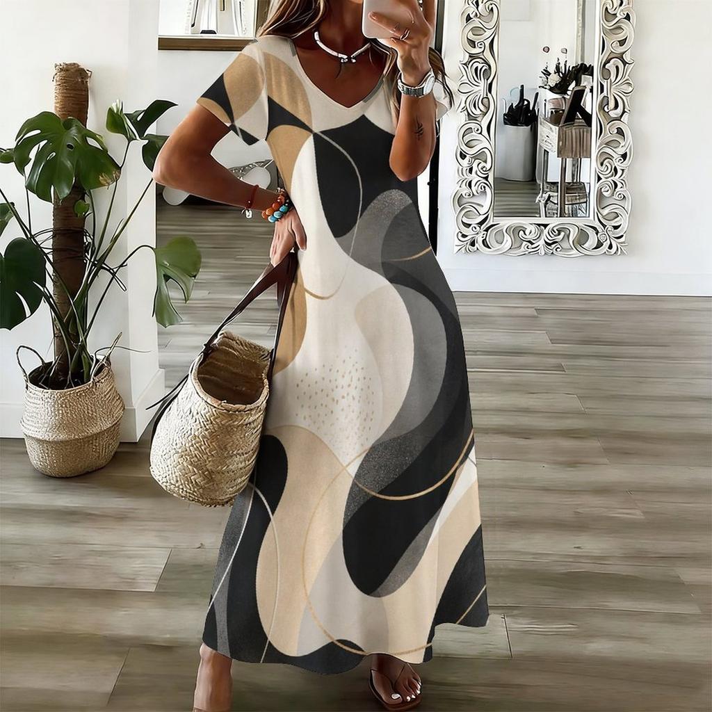 Women Plus Size V Neck Short Sleeve Printed Straight Maxi Dress
