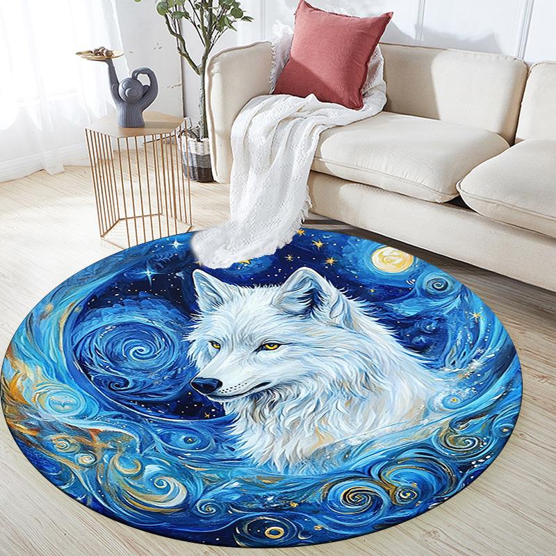 White Wolf Round Area Rug,Carpet Rug for Living Room Bedroom Sofa Playroom Decor,Non-slip Floor Mat