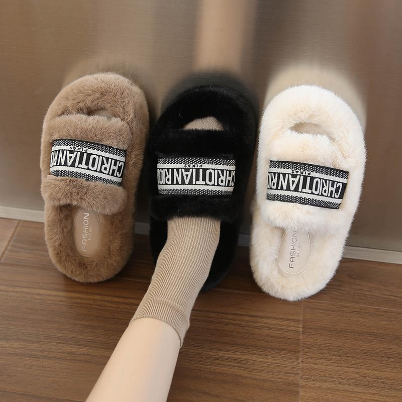 Thick-soled Fluffy Slippers for Women's Autumn and Winter Wear 2025 New Office Home Plush Slippers Popular Cotton Slippers