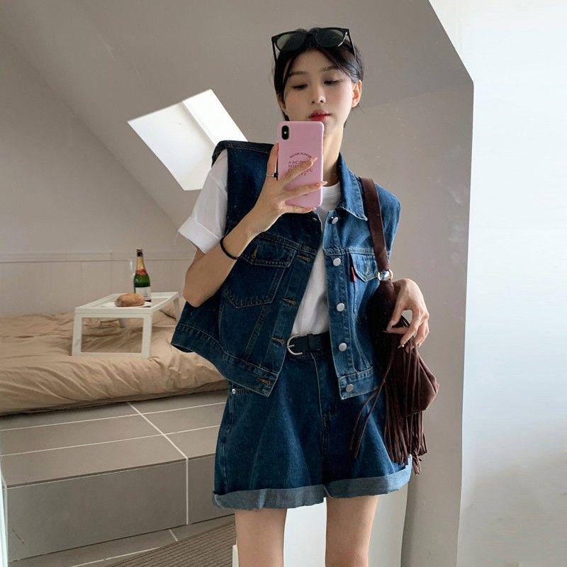 Women's Plus Size Designer Denim Two-Piece Set: Summer Vest Jacket & Shorts