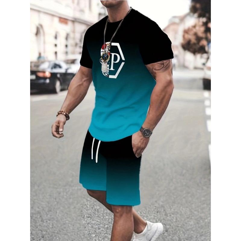 

Men s 3D Printed Sports Two-Piece Set O-Neck T-Shirt Casual Fitness Short Sleeve Tops Shorts 6XL