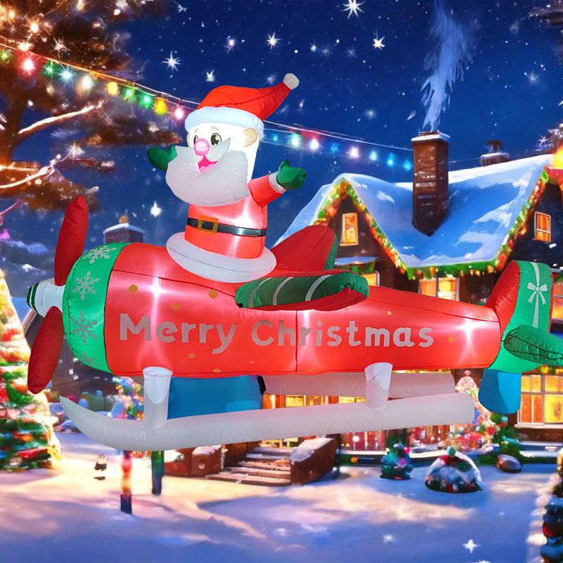 2.7M/8.8FT Inflatable Toys Christmas Decorations Santa Fly Plane LED Lights Model Xmas Festival Party New Year Outdoors Decor