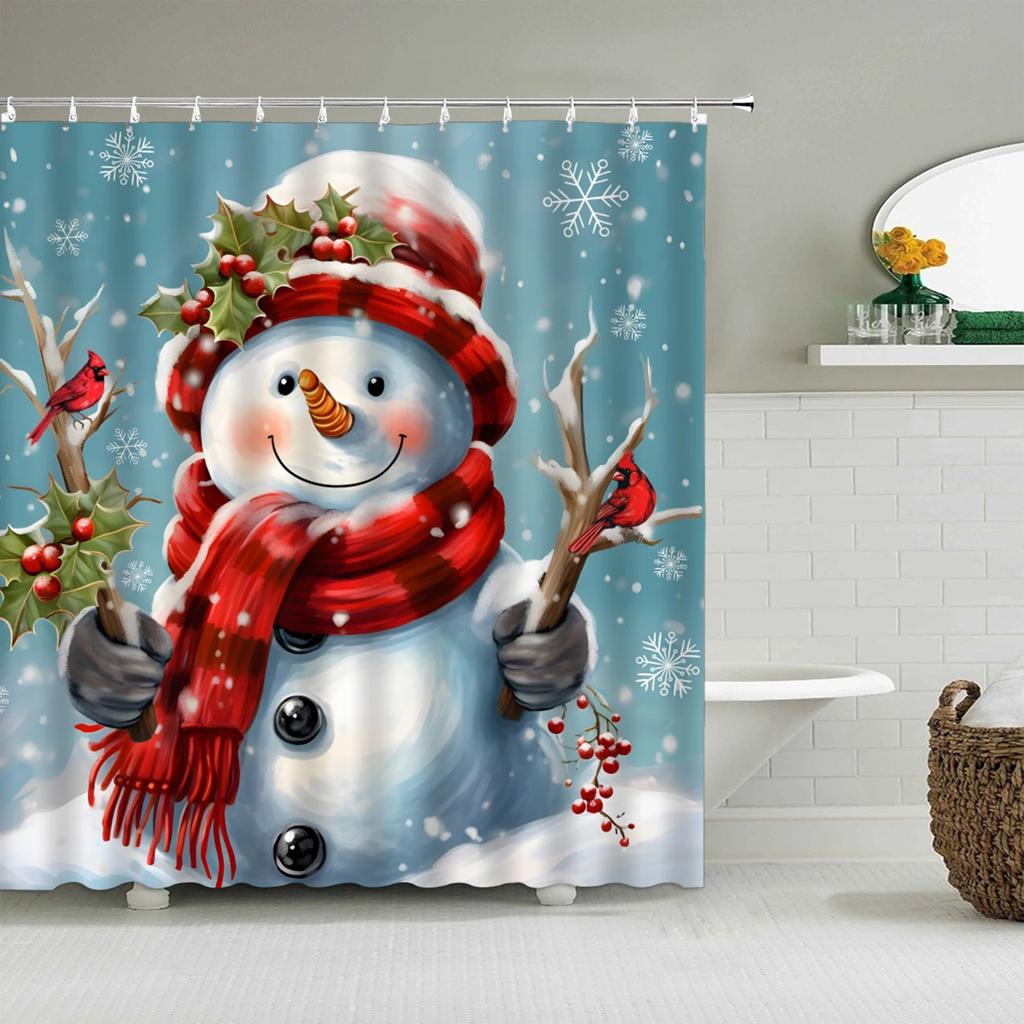 Unframed Christmas Shower Curtain Winter Snowman Snowflake Christmas Tree Red Truck Bell Red Bird Colorful Christmas Ball Bathro