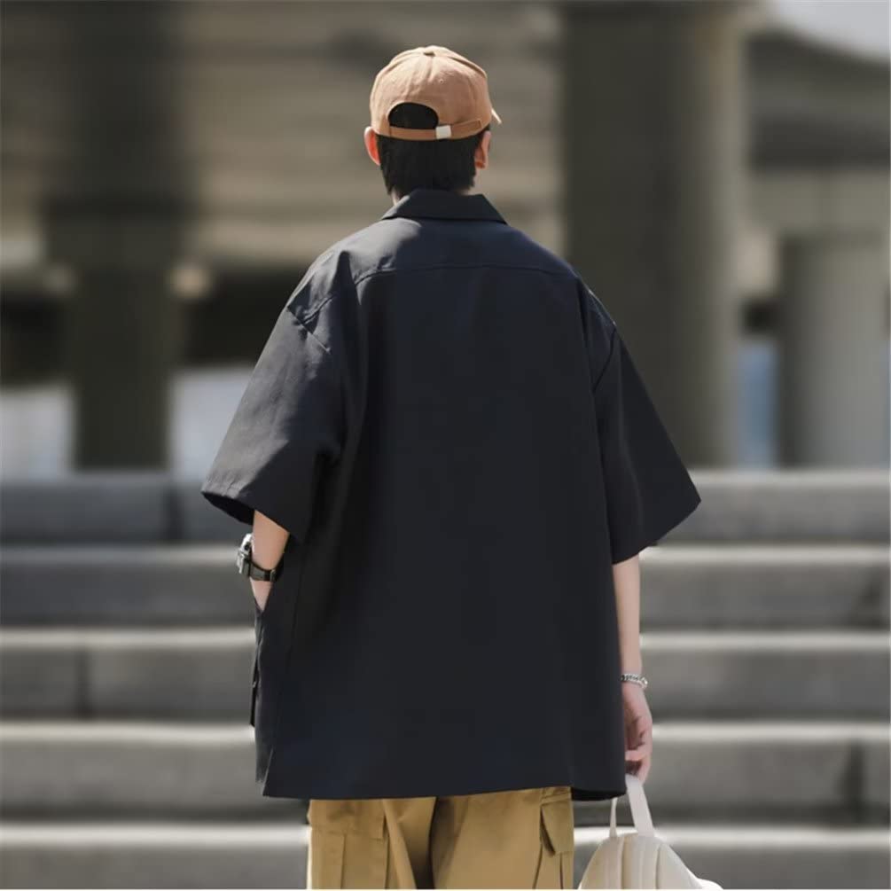 Trysimple Casual Short Sleeve Open Dress Summer Flattering Loose with Pockets Men's Shirt, Collar, Shirt, Jacket, Fit, Fit, (4XL, Black)