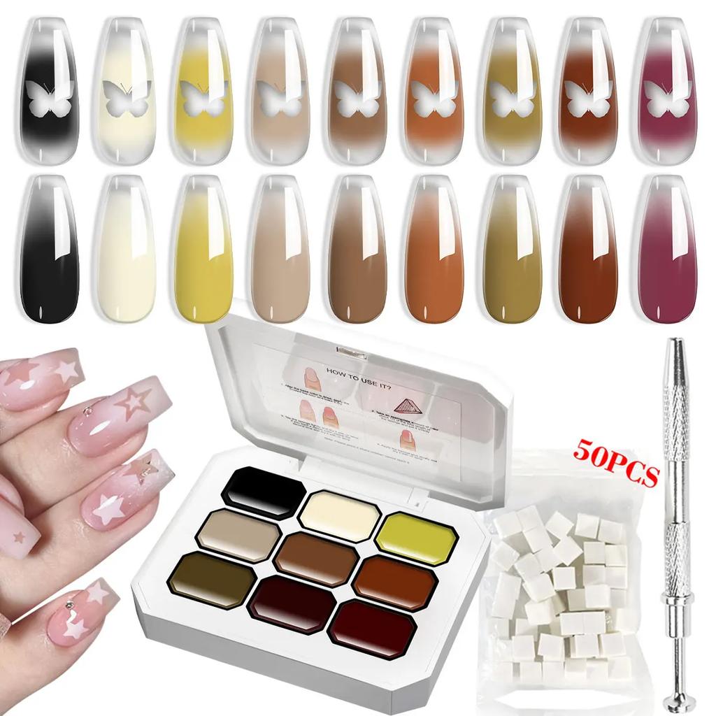 LIMEGIRL 7IN1 Gradient Painting Gel Kit 9 Grid Gradient Color Solid Nail Polish with 50pcs Sponge Nail Art DIY Color Gel Kit
