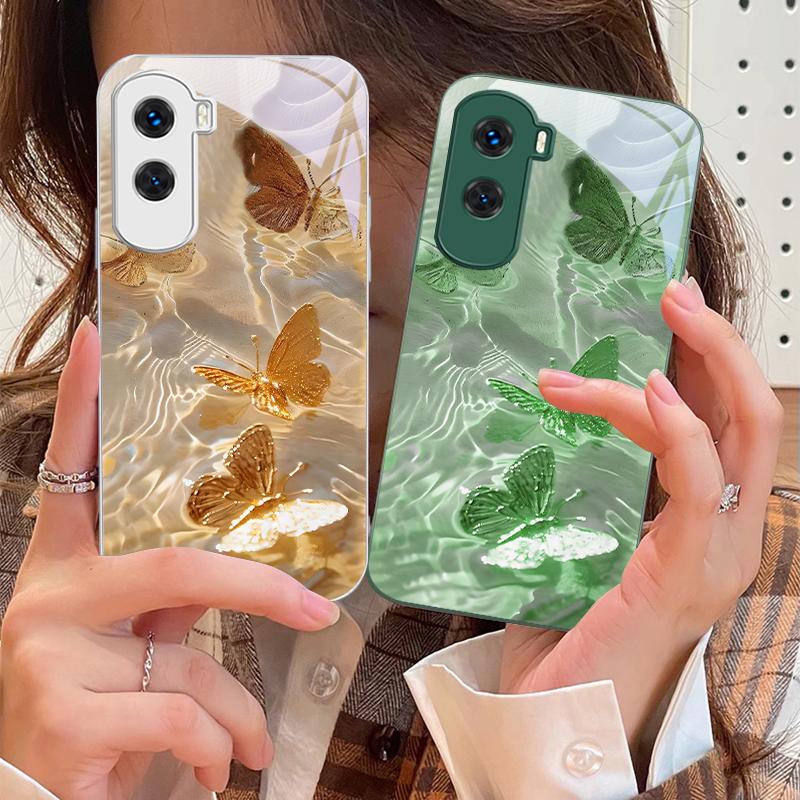 Lucky Butterfly White For Honor 200 90 8X 9X Pro Lite P50 P40 Nova 10 11i P60 Magic4 6 Mate 20 50 Tempered Glass Phone Case