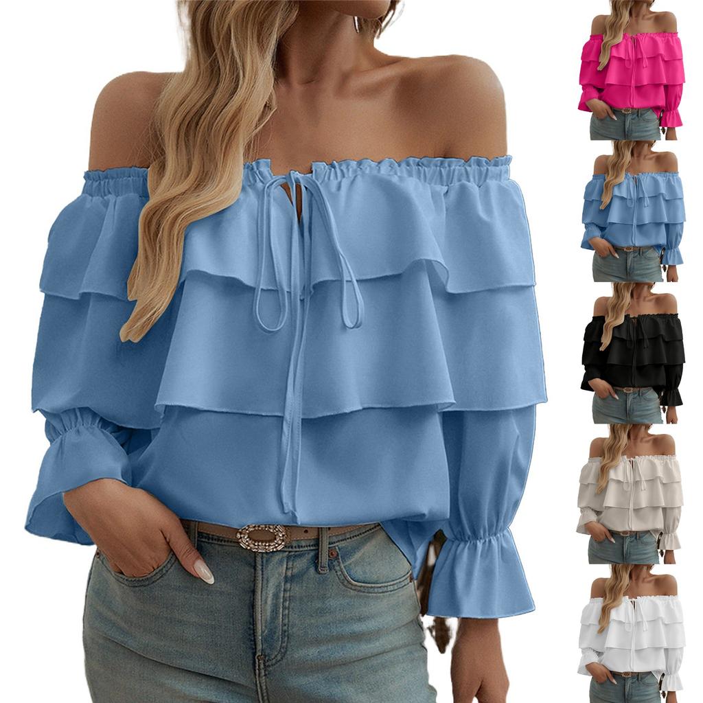 Women's Loose Casual Color Ruffle Edge Short Sleeved Top, Fashionable Long Sleeved Top