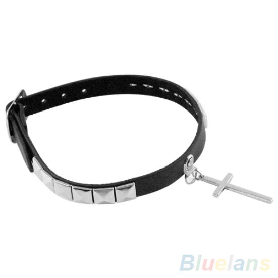 Punk Gothic Black Faux Leather Choker Cross Spike Rivet Buckle Collar Necklace