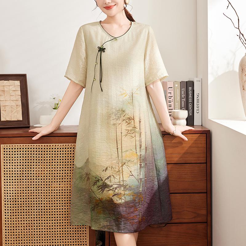 Elegant 2026 Chiffon Summer Dress for Middle-Aged & Elderly Women - New Chinese Style XXL