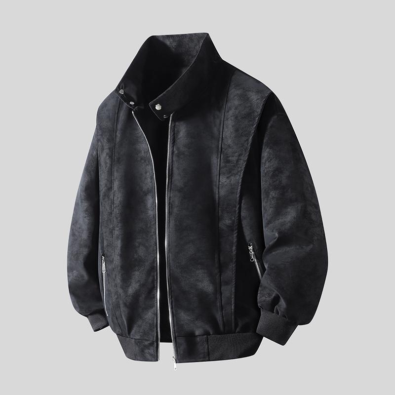 Men's Light Gray Suede Bomber Jacket, Stand Collar Casual Coat with Zipper Pockets, Retro Streetwear Style for Daily Wear