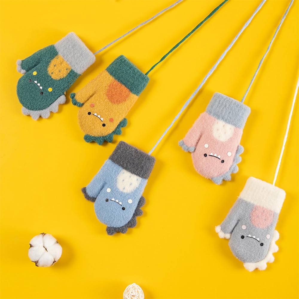 Winter Dinosaur Design Cute Animal Warm Fleece Thick Knit Gloves for Babies [fyetemon] Kids' Gloves, Print, Lining, (Green)