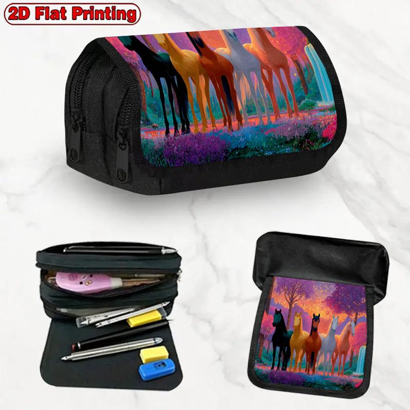 1 ud. Estuche Plegable de Caballos de Colores Adecuado para Escuelas, Oficinas y Viajes - Doble Capa con Cremallera Multicompartimento con Diseño Temático de Caballos, Sto