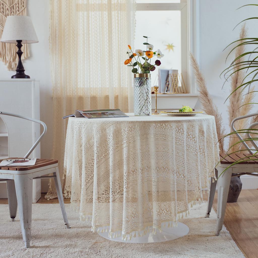 Vintage Häkeltischdecken mit Quasten, Beige Spitzendeckchen Rund Baumwolle Tischdecke Waschbar für Hochzeit Heim Party Dekoration