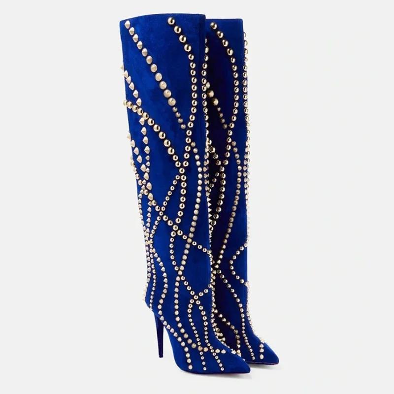 Modemarke Ganzmetallnieten Dekoration Laufsteg Lange Stiefel Damen Wildleder Schlanker Hoher Absatz Spitz Glänzend Mittellange Stiefel Größe 34-43