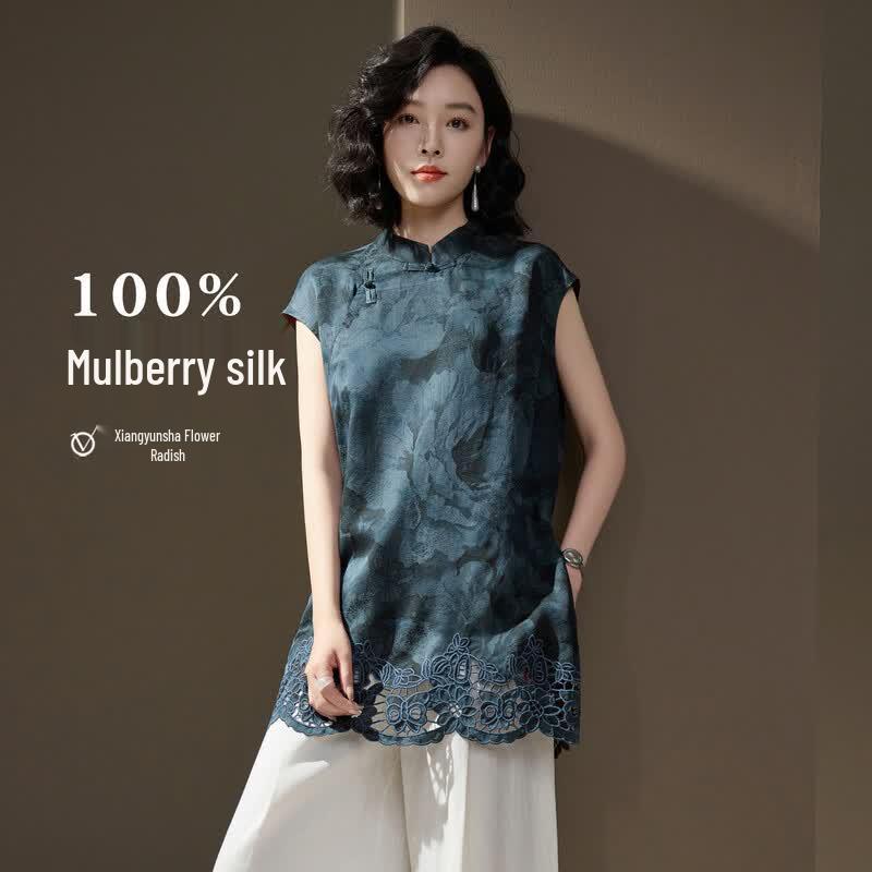New Chinese Style Jacquard Mulberry Silk Blouse XL