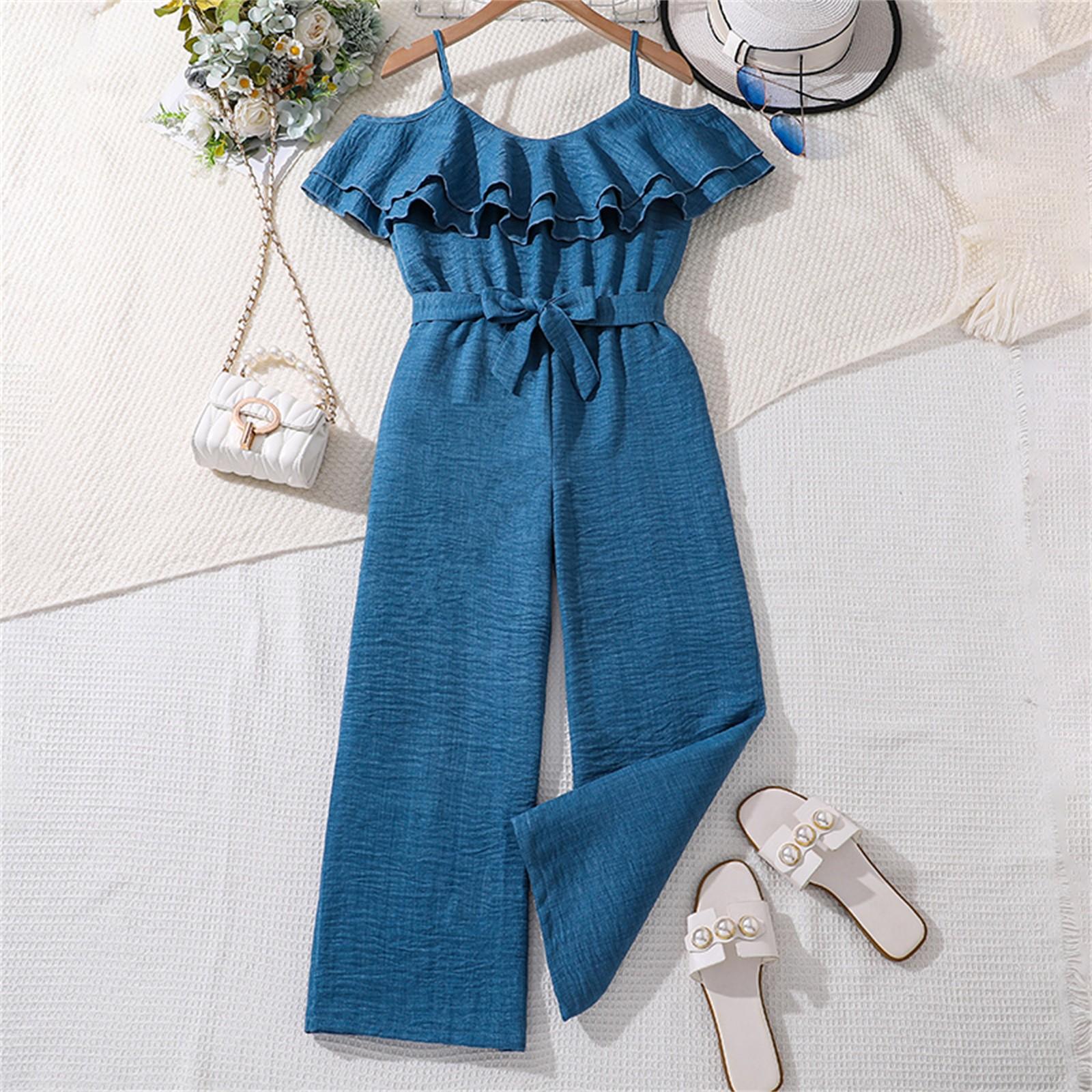 

Летний детский комбинезон среднего размера для детей, повседневный комбинезон для девочек с кружевной талией и широкими штанинами 140