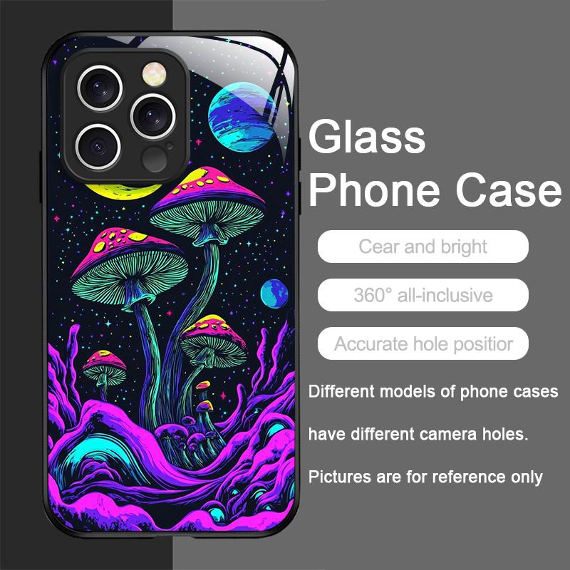 Kreatywne etui na telefon ze szkła hartowanego z wzorem grzybów dla iPhone 17 16 Pro Max 15 14 13 12 Mini 11 X XS 7 8 Plus Pokrowiec