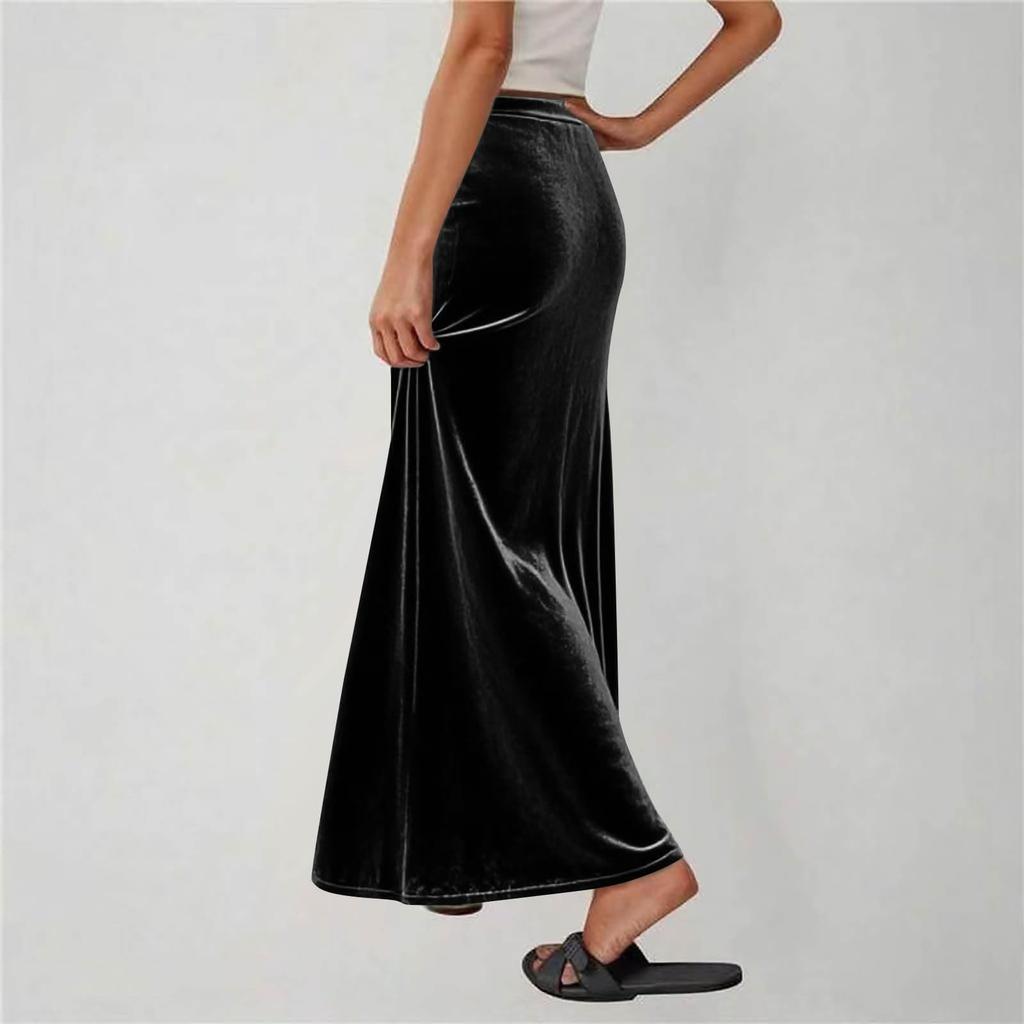 Womens Gold Velvet Maxi Skirts Fashion Solid Color Elastic Waist Loose Comfy A-Line Swing Midi Skirt Skort