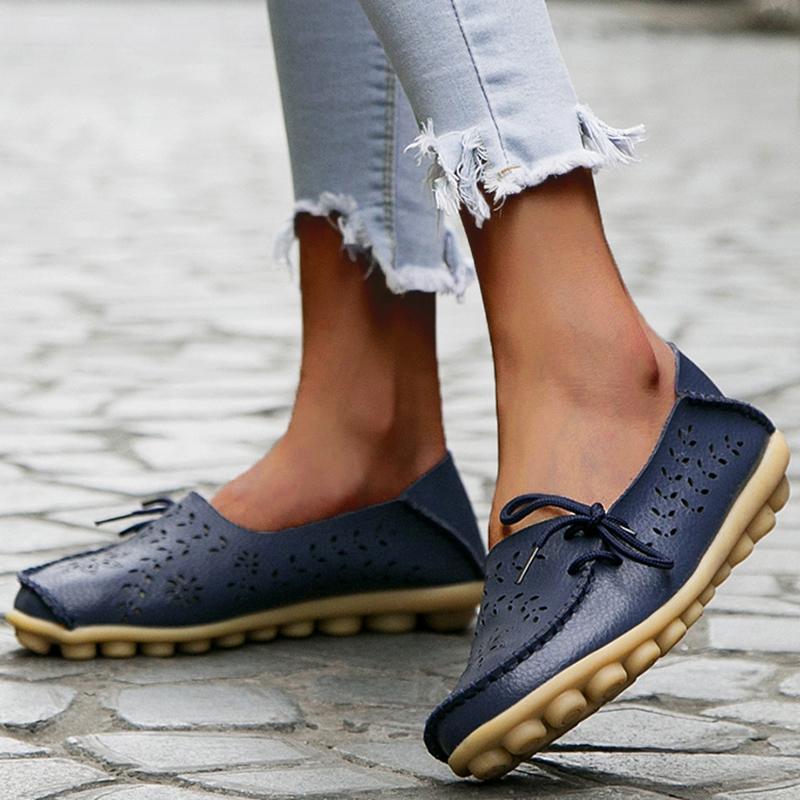 Women's Loafers Genuine Leather Women Flats Bowtie Tenis Shoes For Women Hollow Nurse Shoes Slip On Footwear Plus Size