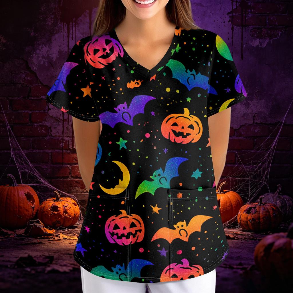 Women's Halloween Print Loose V-Neck Short Sleeve Pocket Uniform Top Scrub Costume Cosplay for Adult Women