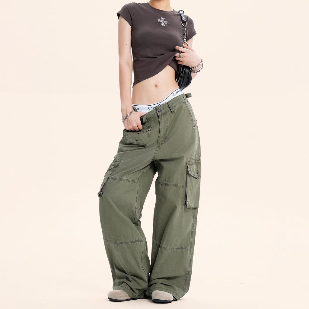 Yongfang Unisex Retro Spodnie Casualowe z Wysokim Stanem i Wieloma Kieszeniami z Kontrastowymi Przeszyciami.