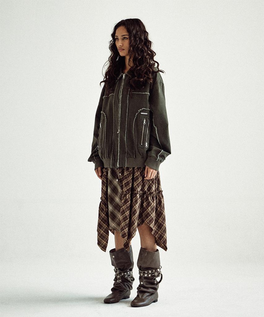 The Vinyl House Unbalance Layered Check Skirt (W) Brown