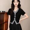 Ladies' Black Fake Two T-shirts Female Contrasting Color Splicing V-neck Short Sleeved Blouse Summer Waist Slimming Top