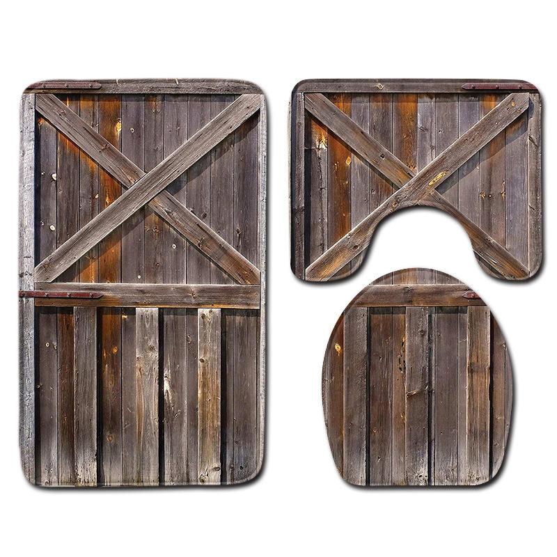 Wood Grain Board Texture Toilet Carpet Set Bathroom Non-Slip Floor Mat Doormat